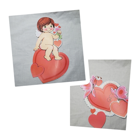 Vintage Other - Two Vintage Red and Pink Cherub Hearts Die-Cut Illustrations Valentine's Day